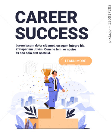 Career success business achievement winner holding trophy standing on podium confetti cityscape background modern flat website banner Career success business achievement winner holding trophy standing on podium confetti cityscape background modern flat website banner 130017208