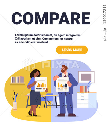 Compare business analysis teamwork charts office workspace diverse professionals holding reports colorful background website banner Compare business analysis teamwork charts office workspace diverse professionals holding reports colorful background website banner 130017211
