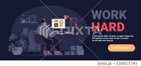 Work hard motivation office workspace man computer desk night lamp indoor plants modern dark background website banner 130017245