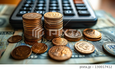 Pile of coins and a calculator on top of a stack of bills 130017412