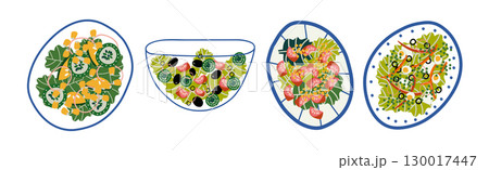 Fresh Tasty Salad in Plate and Bowl with Vegetables Vector Set 130017447