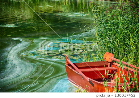 The polluted lake showcases the devastating effects of wastewater and ecological disaster. The polluted lake showcases the devastating effects of wastewater and ecological disaster. 130017452