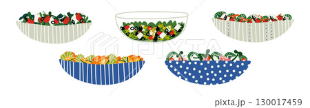 Fresh Tasty Salad in Plate and Bowl with Vegetables Vector Set 130017459