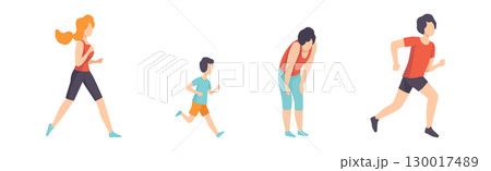 Man and Woman Run Marathon Engaged in Competition Vector Set Man and Woman Run Marathon Engaged in Competition Vector Set 130017489