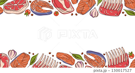 Border design with flat style raw meat, salmon, garlic, tomato, pepper and herbs on white background. Perfect for restaurant website and food package. 130017527