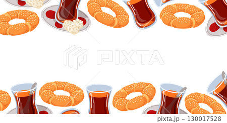 Decorative border with Traditional Turkish tea and simit bread on white background in cartoon style. Perfect for restaurant design menu, template packaging and kitchen decoration. 130017528