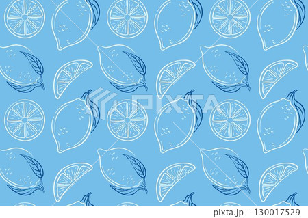 Seamless lemon pattern with whole fruit, slice and leaf in line art style. Citrus blue background for package, kitchen decor, grocery store or summer design. 130017529