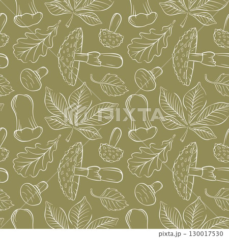 Seamless pattern of line art mushroom and autumn leaves on olive green background. Natural autumn design for food packaging, menu design and seasonal culinary book. 130017530
