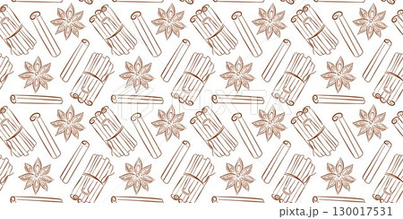 Seamless line art style pattern with cinnamon stick and star anise. Perfect for spice design, food packaging, background, textile and cozy seasonal kitchen or culinary project. Seamless line art style pattern with cinnamon stick and star anise. Perfect for spice design, food packaging, background, textile and cozy seasonal kitchen or culinary project. 130017531
