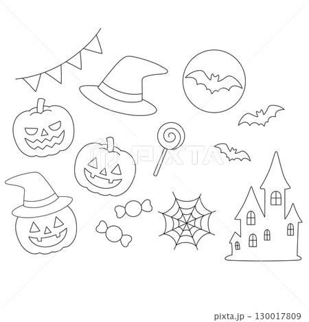 ハロウィンの線画イラストセット(かぼちゃ・おばけ屋敷・こうもり・キャンディ) ハロウィンの線画イラストセット(かぼちゃ・おばけ屋敷・こうもり・キャンディ) 130017809