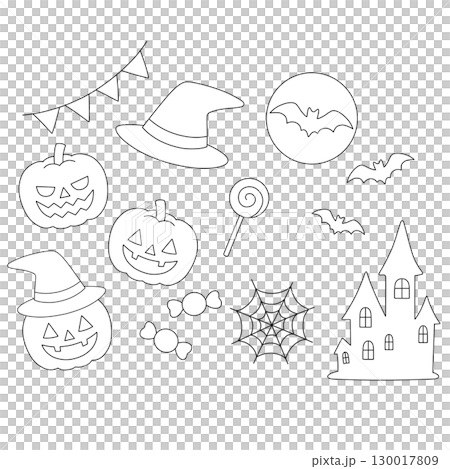 ハロウィンの線画イラストセット(かぼちゃ・おばけ屋敷・こうもり・キャンディ) ハロウィンの線画イラストセット(かぼちゃ・おばけ屋敷・こうもり・キャンディ) 130017809