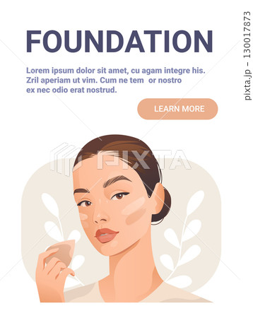 Foundation makeup application woman face natural beauty skincare routine holding sponge soft beige background leaves modern web banner Foundation makeup application woman face natural beauty skincare routine holding sponge soft beige background leaves modern web banner 130017873