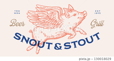 Fly piggly, pig, piglet with wings. Vintage retro pig print, black white fly piggly drawing, piglet with wings, grunge pig old school style. Silhouette angel pig, piglet, piggly. Vector Illustration 130018029