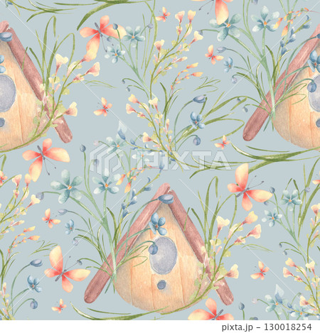Watercolor seamless pattern with cozy birdhouse, tiny blue forget-me-nots and butterflies. Hand painted spring garden repeat design on blue background. Print for cheerful kids textiles, scrapbooking. Watercolor seamless pattern with cozy birdhouse, tiny blue forget-me-nots and butterflies. Hand painted spring garden repeat design on blue background. Print for cheerful kids textiles, scrapbooking. 130018254
