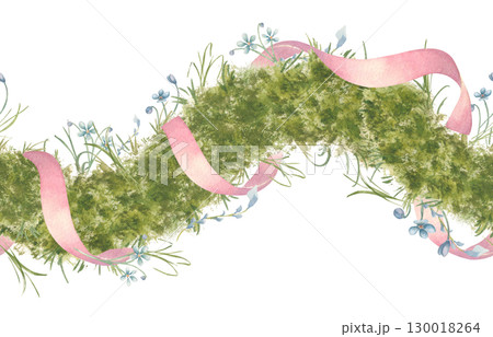 Greenery seamless border with tiny blue flowers and pink ribbons isolated on white. Botanical watercolor horizontal repeated border hand painted with spring meadow blooms, grasses for textile. 130018264
