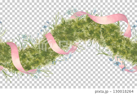 Greenery seamless border with tiny blue flowers and pink ribbons isolated on white. Botanical watercolor horizontal repeated border hand painted with spring meadow blooms, grasses for textile. 130018264