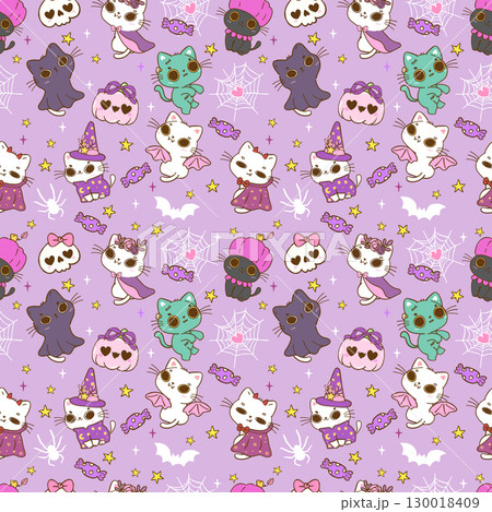 Cute Kawaii Halloween Witch Cats Seamless Pattern, Hand Drawn Fantasy Wizard Background Cute Kawaii Halloween Witch Cats Seamless Pattern, Hand Drawn Fantasy Wizard Background 130018409