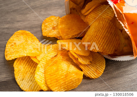 Potato chips , delicious BBQ seasoning spicy for crips, thin slice deep fried snack fast food. Potato chips , delicious BBQ seasoning spicy for crips, thin slice deep fried snack fast food. 130018506