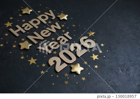 Gold Happy New Year 2026 sign, decorated with stars is positioned at angle on dark textured background with place for text. Perfect for holiday greetings, social media posts and marketing materials Gold Happy New Year 2026 sign, decorated with stars is positioned at angle on dark textured background with place for text. Perfect for holiday greetings, social media posts and marketing materials 130018957