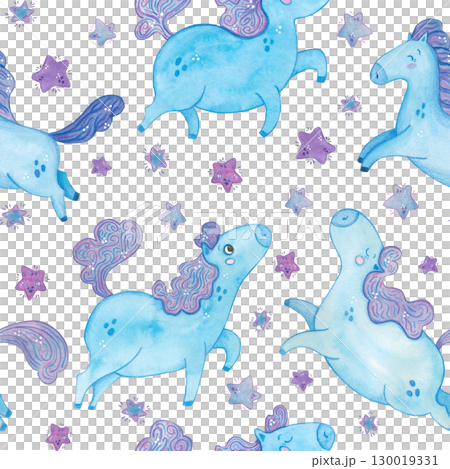 Seamless pattern with blue horses among purple stars. Watercolor illustration hand drawn, cartoon. Drawing for invitations, paper, textile. Symbol of the new year, 2026. children, kids, new year, Seamless pattern with blue horses among purple stars. Watercolor illustration hand drawn, cartoon. Drawing for invitations, paper, textile. Symbol of the new year, 2026. children, kids, new year, 130019331