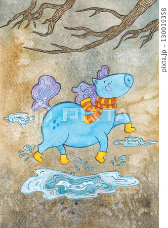 Horse in yellow boots gallops through autumn puddles. Watercolor illustration hand-drawn, cartoon. Drawing for a postcard, calendar sheet. Symbol of the new year, 2026. branches, forest, boots, scarf 130019358