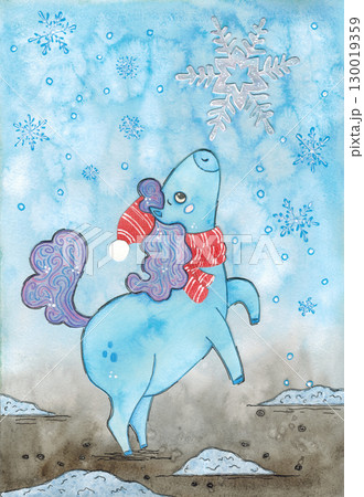 Horse catches snowflakes, first snow. Watercolor illustration hand drawn, cartoon. Drawing for a postcard, calendar sheet. Symbol of the new year, 2026. children, kids, winter, snowflakes 130019359