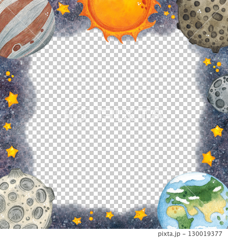 Planets, sun and stars fly in outer space, square frame, hand drawn watercolor illustration. Drawing for cards, photo frames, invitations, scrapbooking 130019377