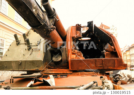 Old burned and rusty tank closeup, front view Old burned and rusty tank closeup, front view 130019515
