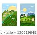 Set of illustrations with agricultural life. River with bridge, pastures with animals. Farm houses on the background of mountains. Concept of agriculture and natural beauty. 130019649