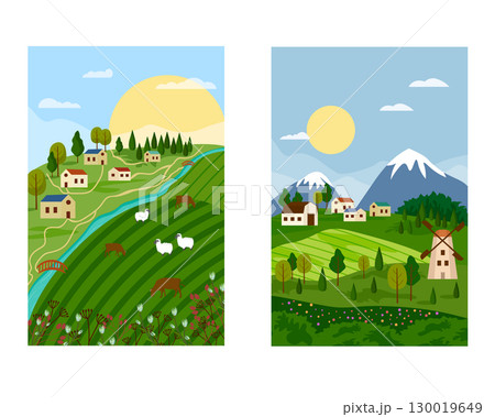 Set of illustrations with agricultural life. River with bridge, pastures with animals. Farm houses on the background of mountains. Concept of agriculture and natural beauty. 130019649