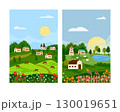 Set of cards with natural landscape, farms and animals. Concept of agriculture and nature for farming. View of countryside. Pasture with domestic animals. 130019651