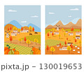 Rural landscape with farm village houses, trees and farm animals. Autumn harvest and rural life scene. Set of cards. 130019653