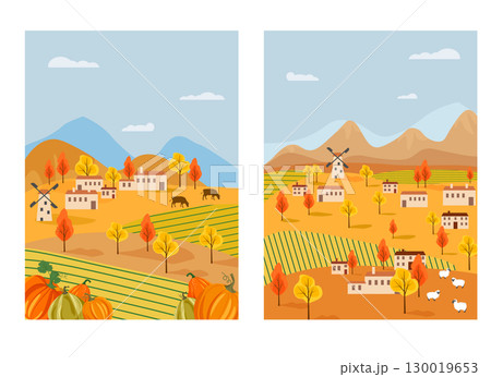 Rural landscape with farm village houses, trees and farm animals. Autumn harvest and rural life scene. Set of cards. 130019653