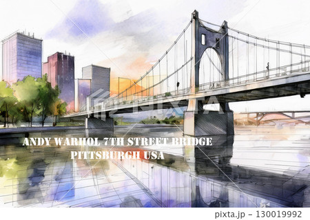 Stenciled Artwork of Andy Warhol Bridge Spanning River in Pittsburgh 130019992