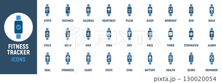 Fitness tracker icon set. Containing steps, calories, heartbeat, sleep, workout, gps, timer, chart, progress, reminder and more. Solid vector icons collection Fitness tracker icon set. Containing steps, calories, heartbeat, sleep, workout, gps, timer, chart, progress, reminder and more. Solid vector icons collection 130020054
