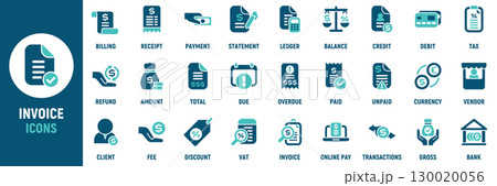 Invoice icon set. Containing receipt, bill, tax, paid, statement, accounting, transaction, barcode, financial, payment and more. Solid vector icons collection 130020056