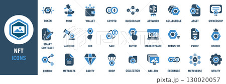 NFT icon set. Containing token, wallet, blockchain, artwork, collectible, auction, bid, sale, buyer, seller and more. Solid vector icons collection NFT icon set. Containing token, wallet, blockchain, artwork, collectible, auction, bid, sale, buyer, seller and more. Solid vector icons collection 130020057