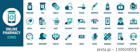 Online pharmacy icon set. Containing pill, tablet, capsule, prescription, order, cart, delivery, package, doctor, patient and more. Solid vector icons collection 130020058