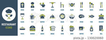 Restaurant icon set. Containing menu, chef, waiter, table, plate, fork, knife, spoon, glass, cup and more. Solid vector icons collection 130020060