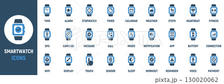 Smartwatch icon set. Containing time, alarm, heartbeat, steps, sleep, gps, message, call, music, battery and more. Solid vector icons collection Smartwatch icon set. Containing time, alarm, heartbeat, steps, sleep, gps, message, call, music, battery and more. Solid vector icons collection 130020062