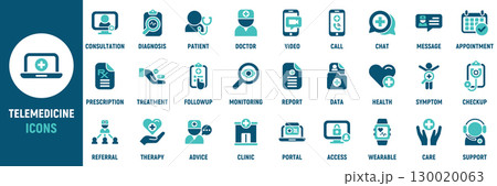 Telemedicine icon set. Containing doctor, patient, video, call, chat, prescription, monitoring, record, clinic, support and more. Solid vector icons collection Telemedicine icon set. Containing doctor, patient, video, call, chat, prescription, monitoring, record, clinic, support and more. Solid vector icons collection 130020063