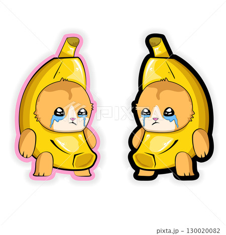 Banana Cat meme sticker vector isolated on white background. Funky crying Sad banana cat meme cartoon vector sticker, label and icon for printing on t shirt Banana Cat meme sticker vector isolated on white background. Funky crying Sad banana cat meme cartoon vector sticker, label and icon for printing on t shirt 130020082