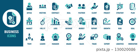 Business icon set. Containing office, meeting, contract, deal, partner, client, strategy, profit, report, growth and more. Solid vector icons collection Business icon set. Containing office, meeting, contract, deal, partner, client, strategy, profit, report, growth and more. Solid vector icons collection 130020086