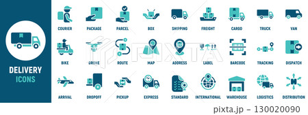 Delivery icon set. Containing courier, package, parcel, truck, van, drone, route, map, tracking, warehouse and more. Solid vector icons collection 130020090