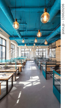 Modern open office with industrial design and blue ceiling 130020206