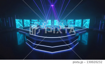 Futuristic neon gaming arena with multiple screen displays and laser lights 130020232