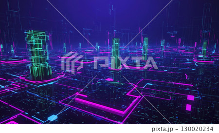 Futuristic neon cityscape with glowing digital network under a night sky 130020234