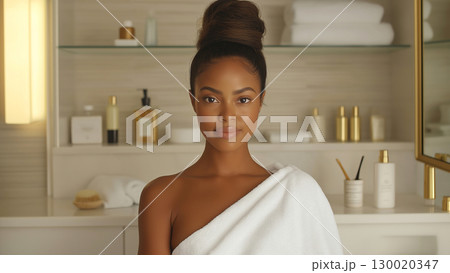 Young African female woman with towel in elegant spa setting 130020347