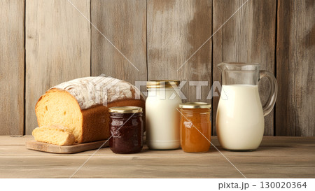 Rustic breakfast setting with fresh bread and dairy products on wooden table 130020364