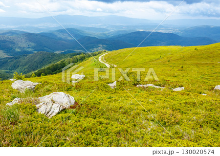 mountain landscape with stone on the hill in summer. nature background of carpathians for travel. beautiful view in to the valley. sandstone on the green alpine slope under cloudy sky mountain landscape with stone on the hill in summer. nature background of carpathians for travel. beautiful view in to the valley. sandstone on the green alpine slope under cloudy sky 130020574